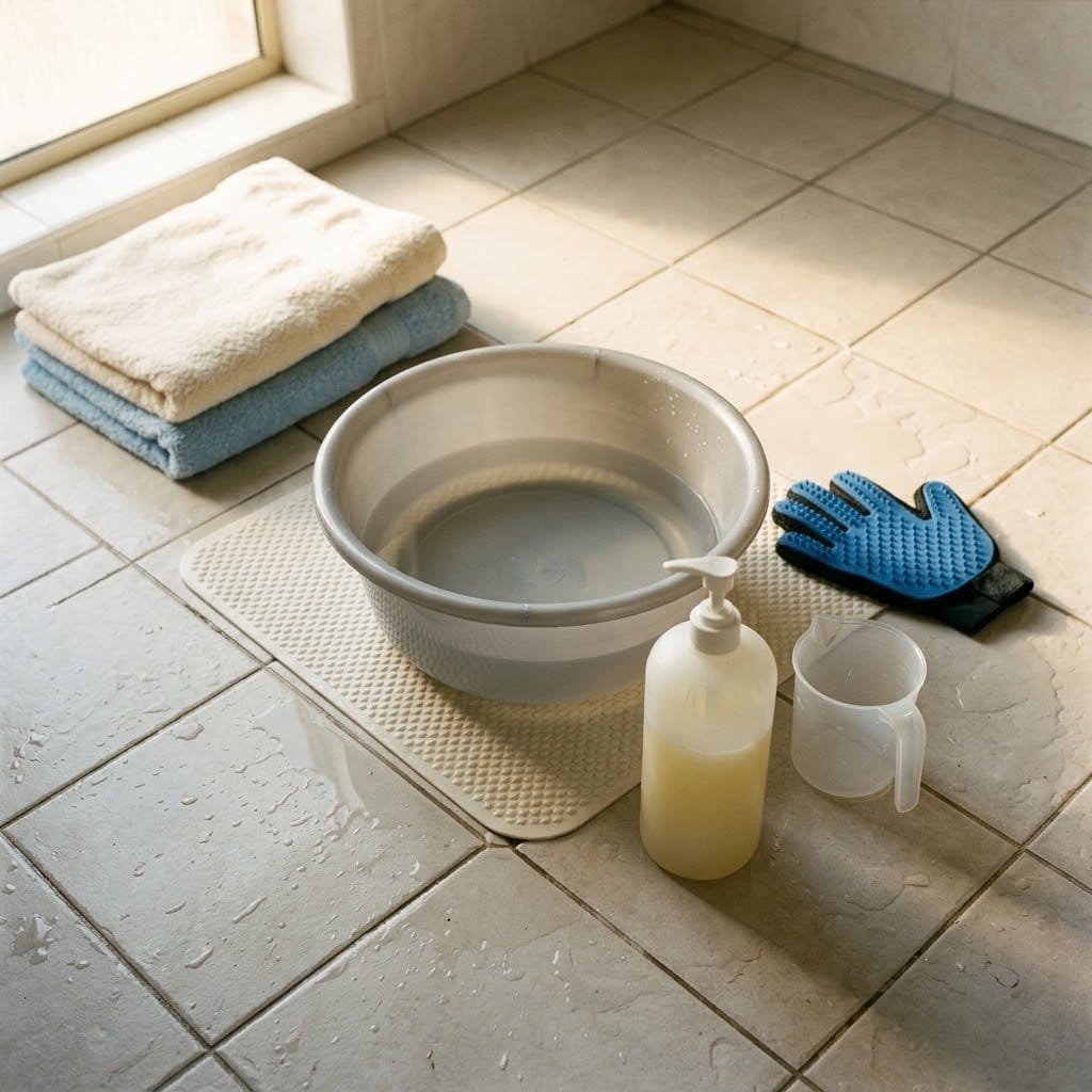 Bath supplies laid out before using hypoallergenic cat shampoo: basin, pump bottle, towels, rinsing jug and grooming mitt