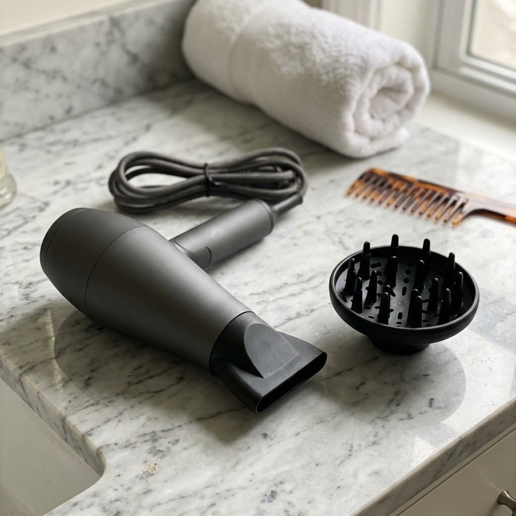 An ionic hair dryer on a marble counter with its concentrator nozzle and diffuser attachments detached beside it