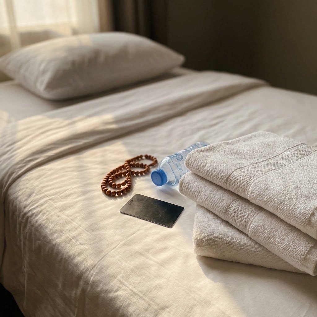 Folded ihram towels, keycard, water bottle and prayer beads on a hotel bed in one of the hotels overlooking the Kaaba