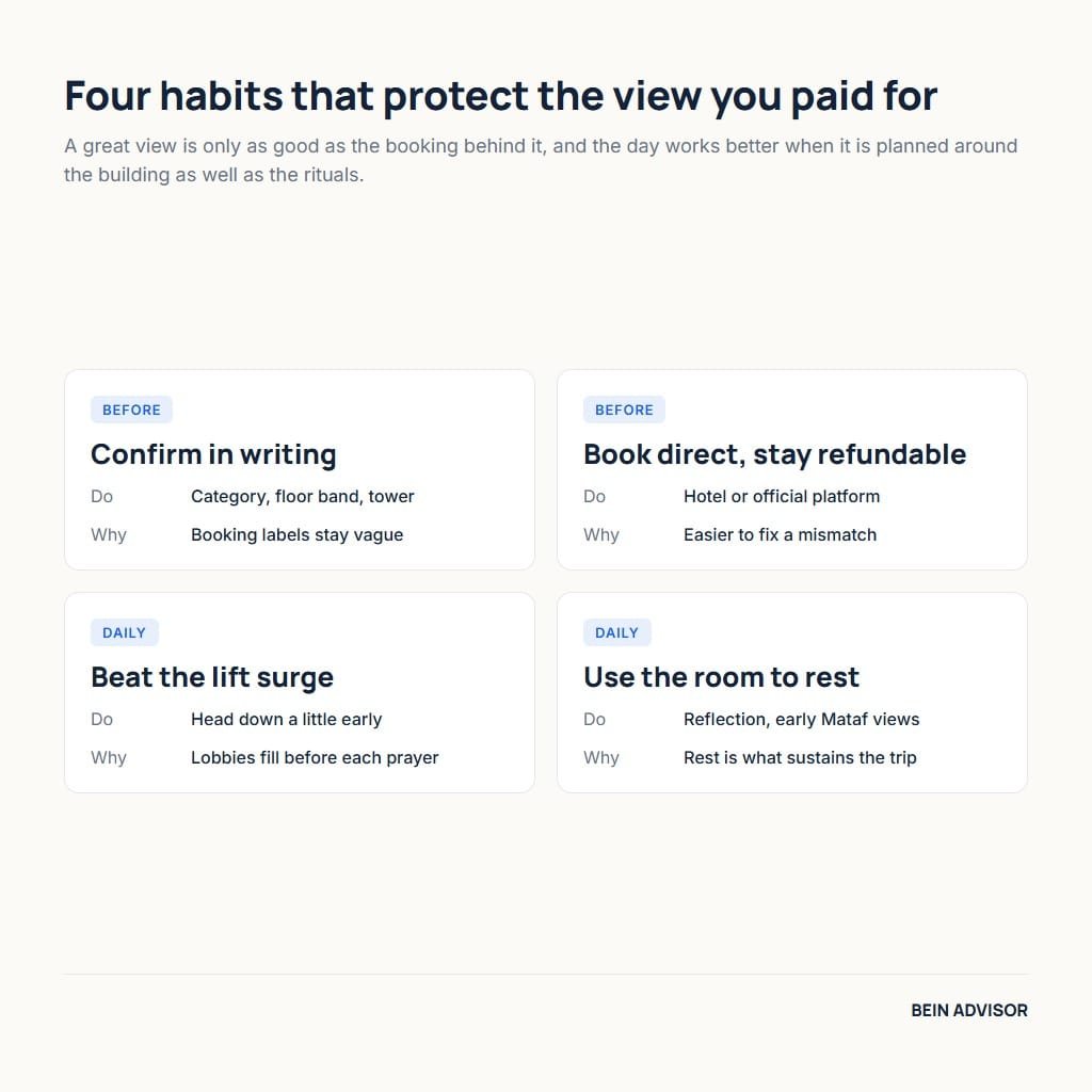Four booking habits that protect a stay in hotels overlooking the Kaaba: confirm in writing, book direct, beat the lift surge, rest in the room