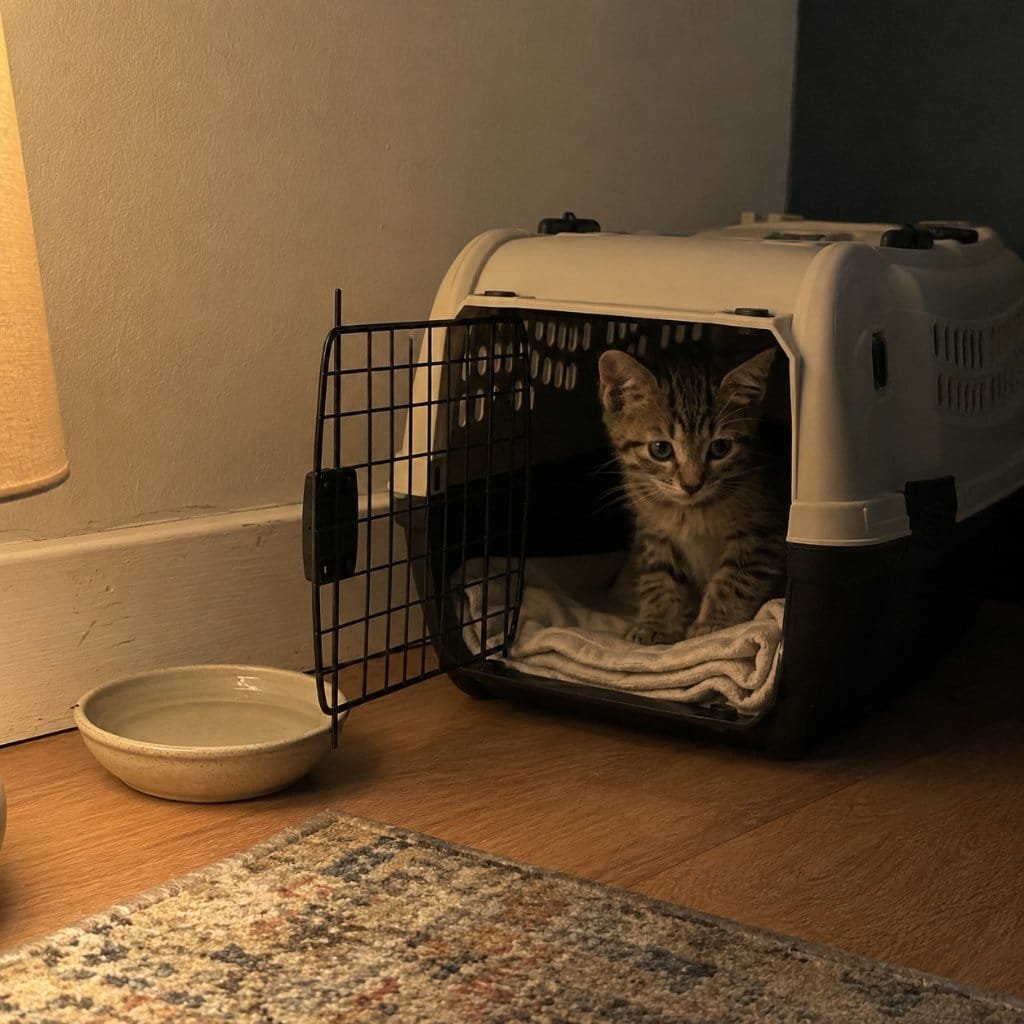 A young kitten sitting inside an open carrier on its first day home