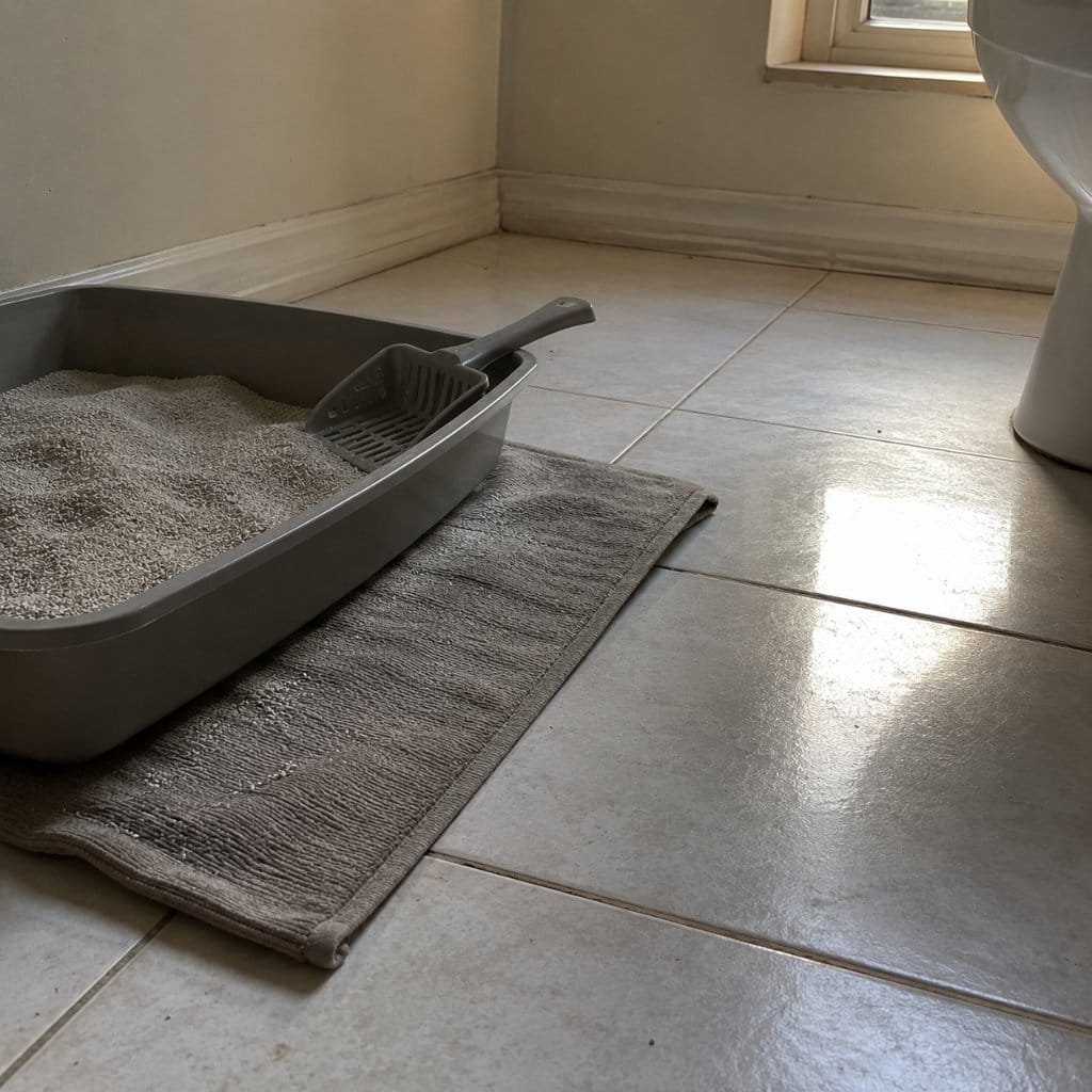An open litter tray with clean litter and a scoop on a bathroom floor