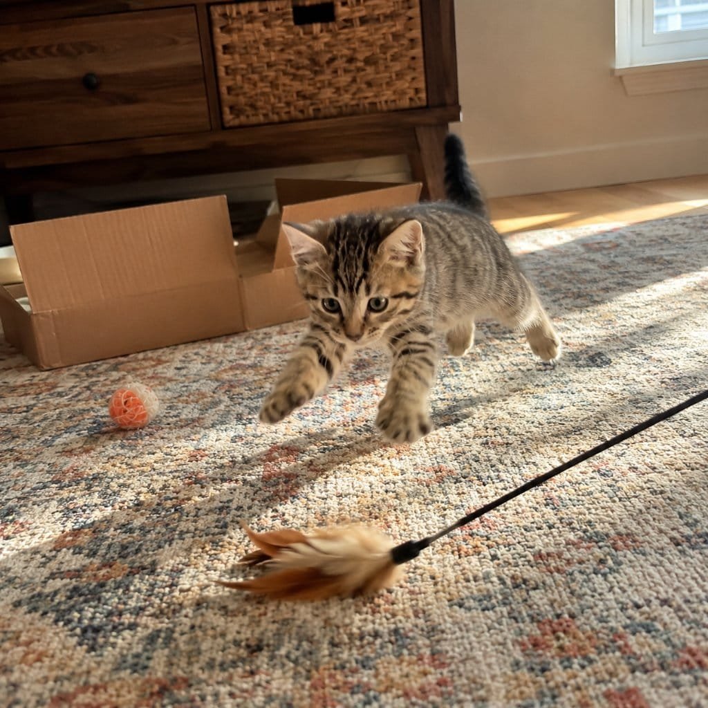 A kitten mid-pounce on a feather wand toy during play and socialization