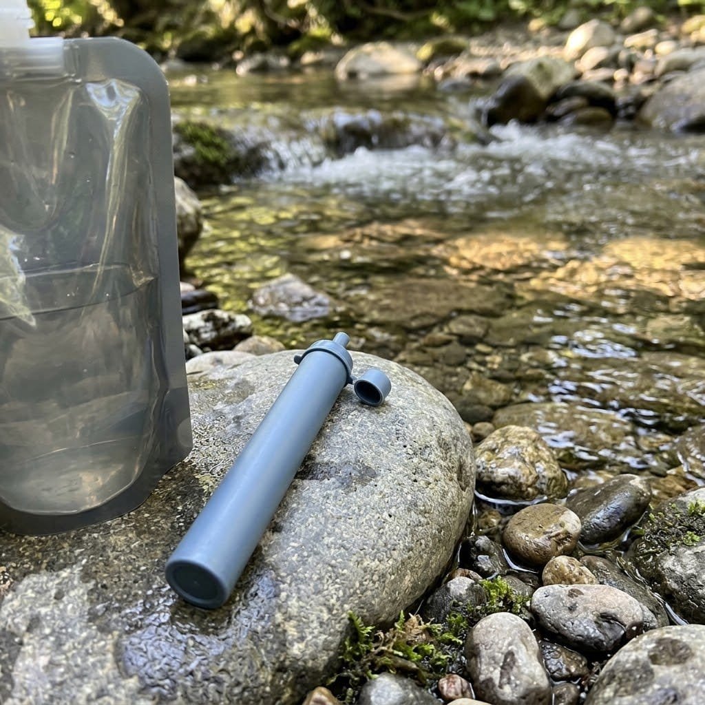 A LifeStraw water filter and a soft flask resting on a river stone beside a clear flowing stream
