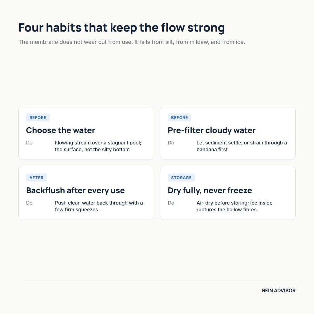 Four care habits that keep a LifeStraw water filter flowing: choose the water, pre-filter, backflush and dry fully