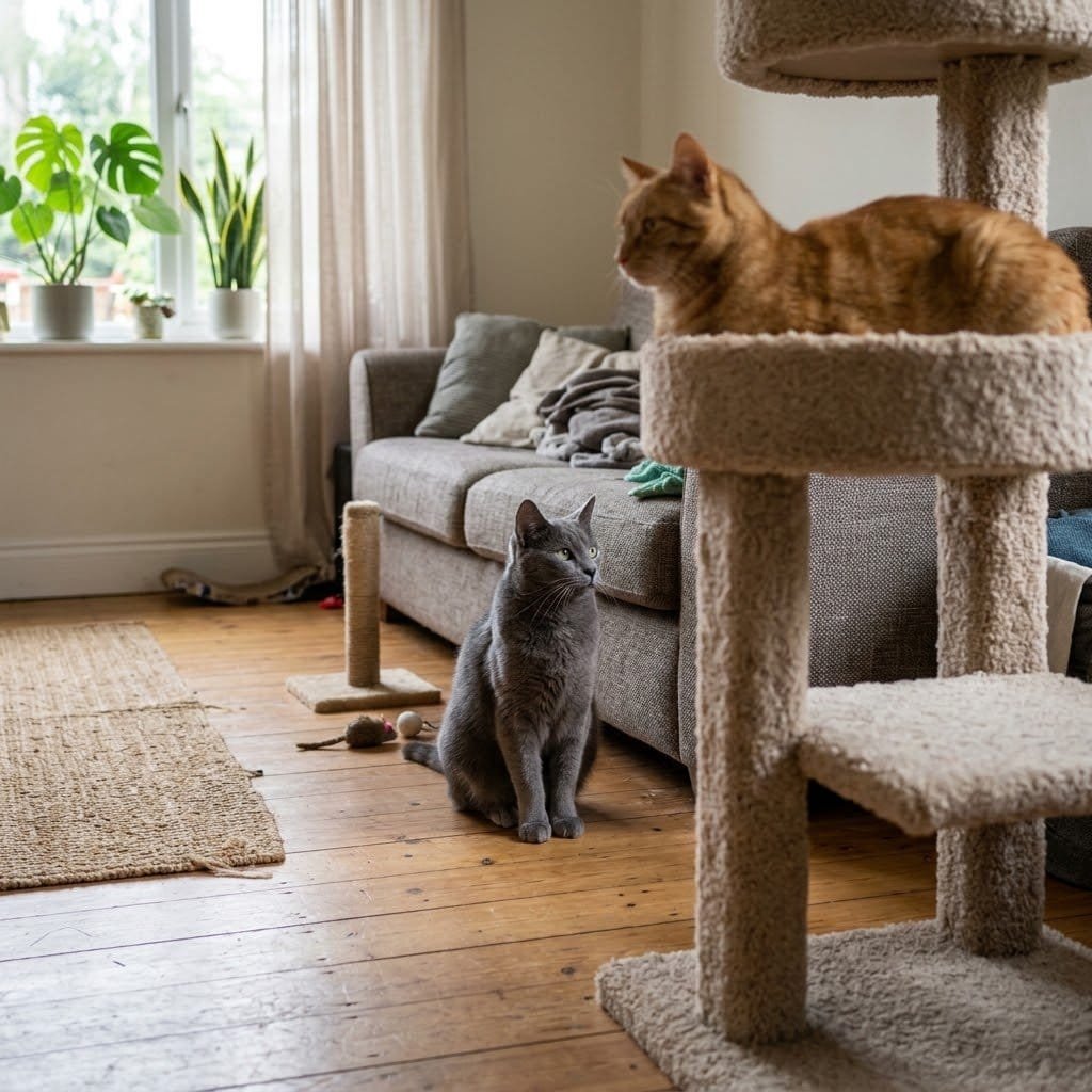 Two cats resting at different heights in a living room, showing how a multi-cat household shares vertical territory