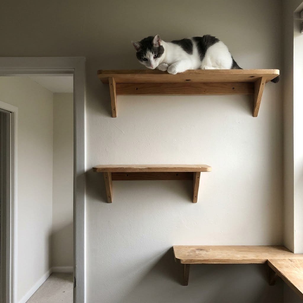 Wall shelves at three heights giving vertical space and escape routes in a multi-cat household, one cat resting on top