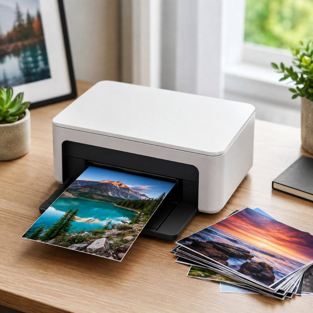 A photo printer mid-print with a glossy photograph emerging from the slot