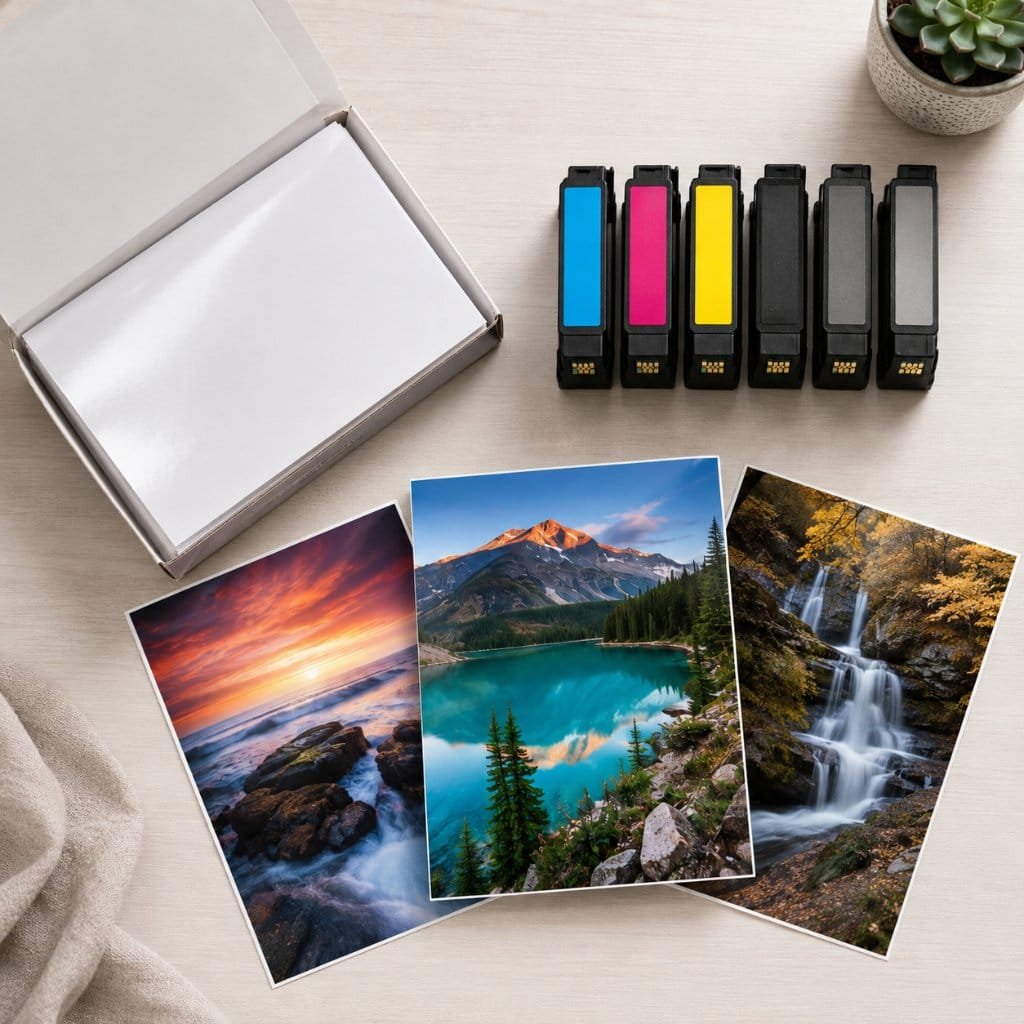 Photo printer supplies: glossy paper, ink cartridges and finished prints