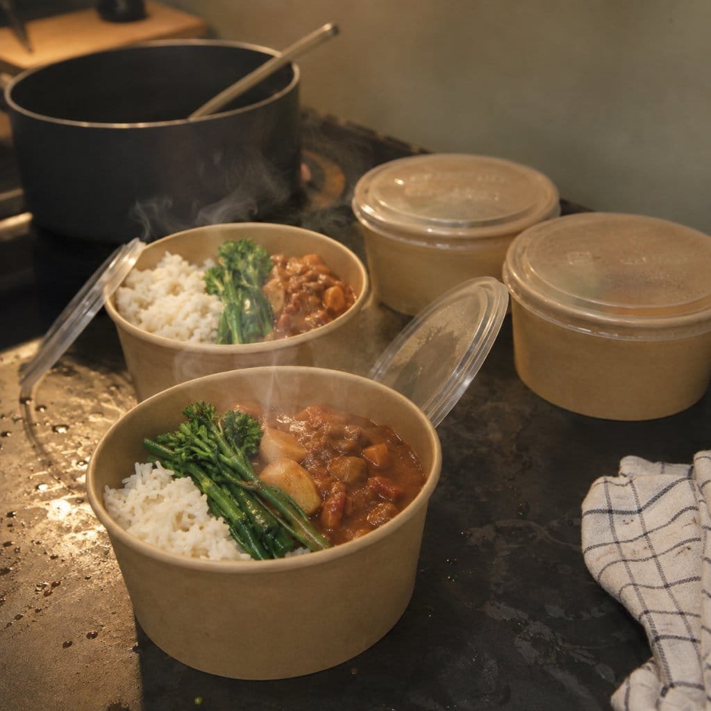 Prepared postpartum meal containers filled on a home kitchen worktop