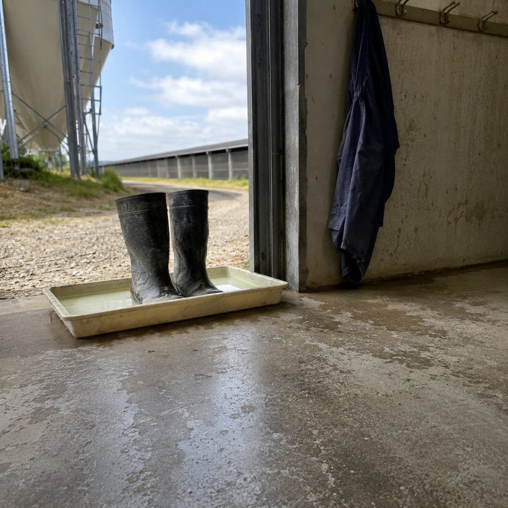 A disinfectant footbath and boots at a poultry shed door for biosecurity