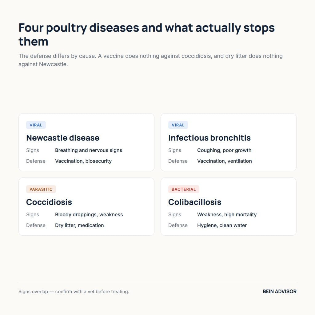 Comparison of four common poultry diseases, their signs and defenses