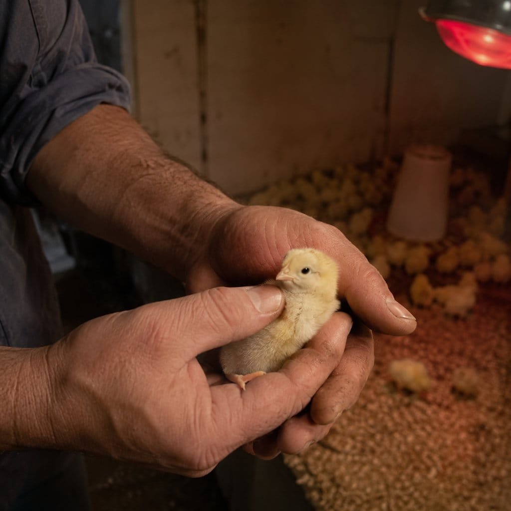 Hands checking a day-old chick crop to detect poultry diseases early