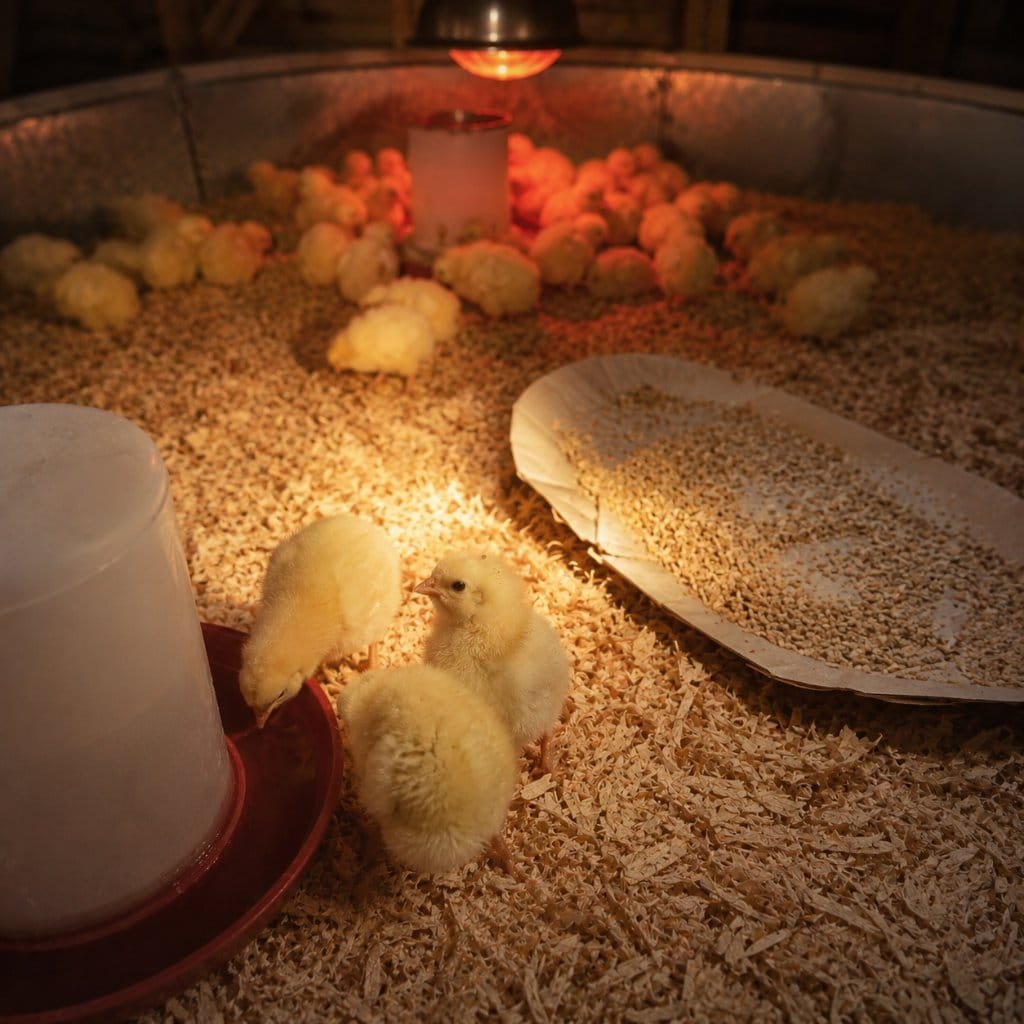 Day-old chicks under a heat lamp in a brooder ring during week one