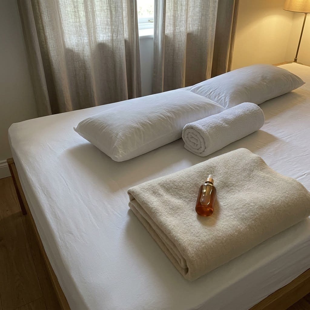 A bed set up for a home pregnancy massage with side-lying support pillows, a rolled towel, a blanket and massage oil