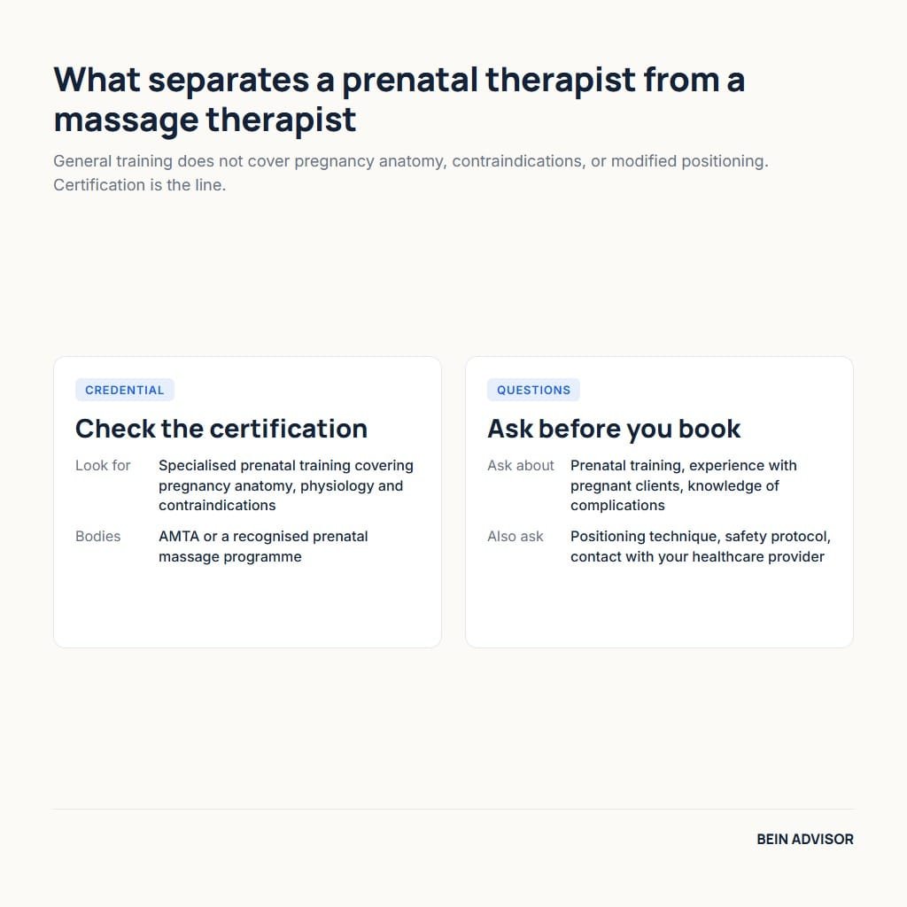 How to find a qualified prenatal massage therapist: certification to check and questions to ask before booking a pregnancy massage