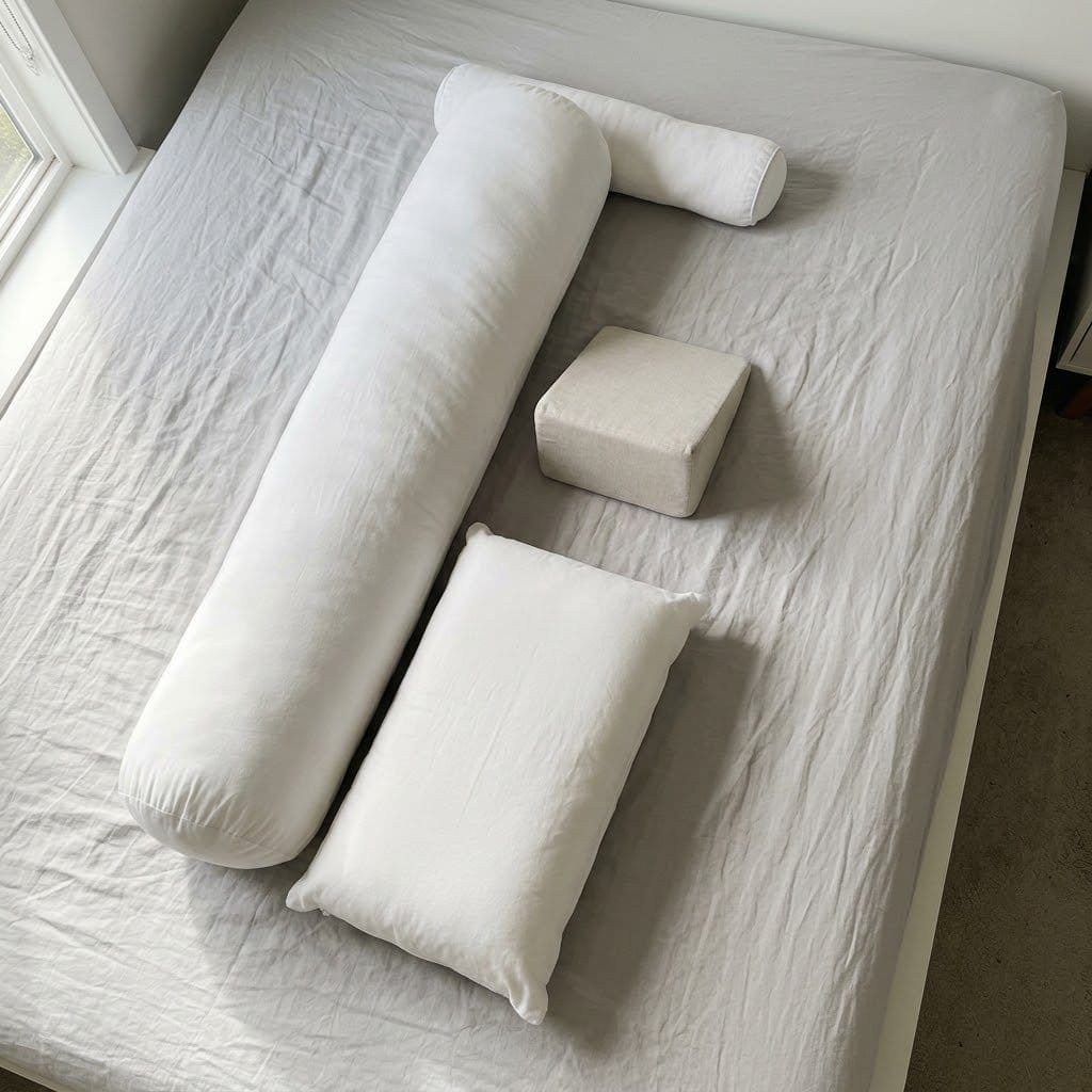 A bed arranged with a body pillow, knee pillow and wedge to support safe pregnancy sleep positions