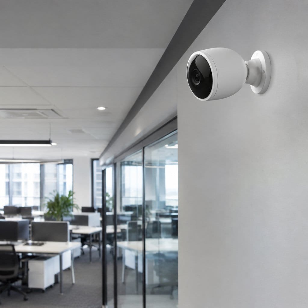 An indoor security camera mounted high on an office wall overlooking desks