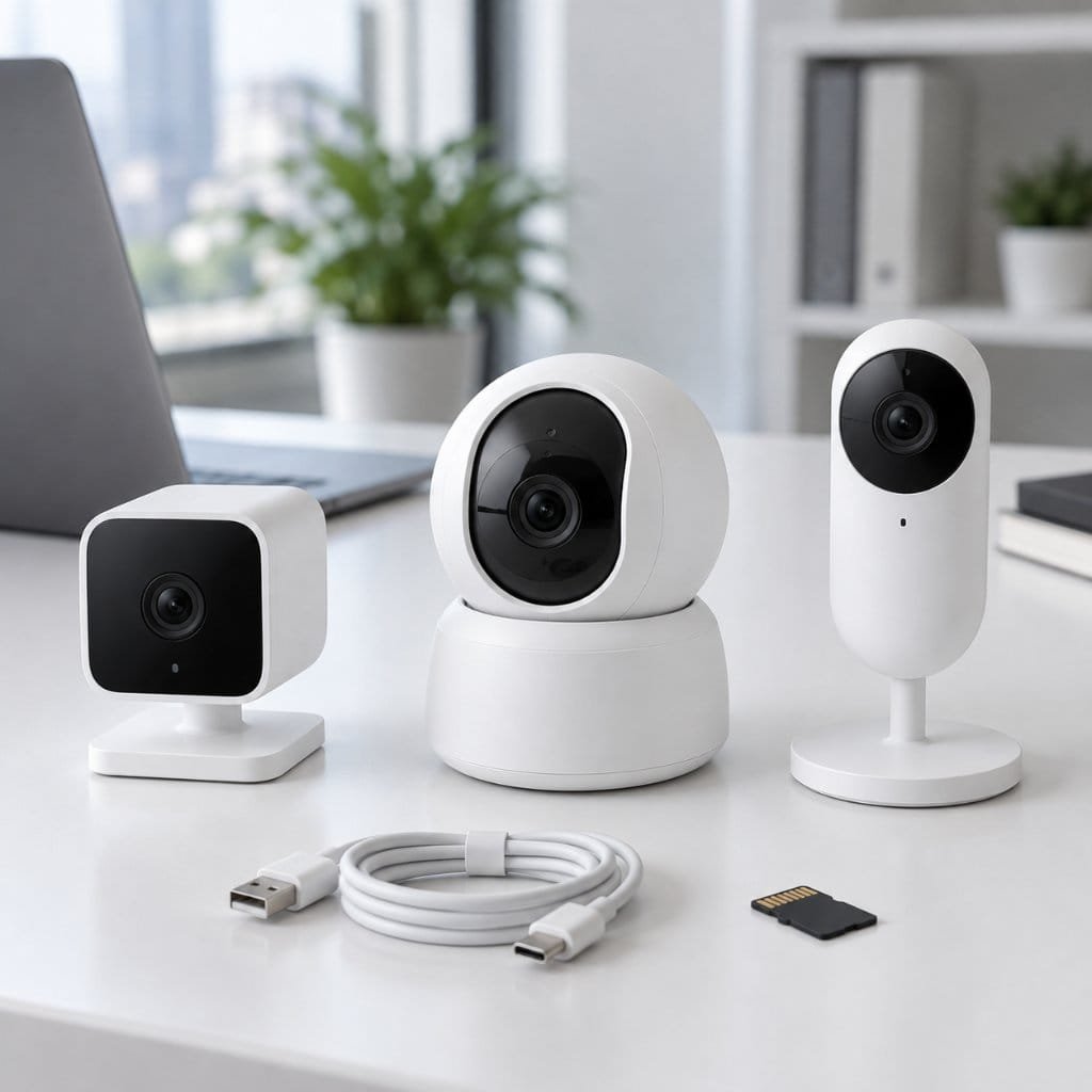 Three indoor security camera types compared side by side on a desk