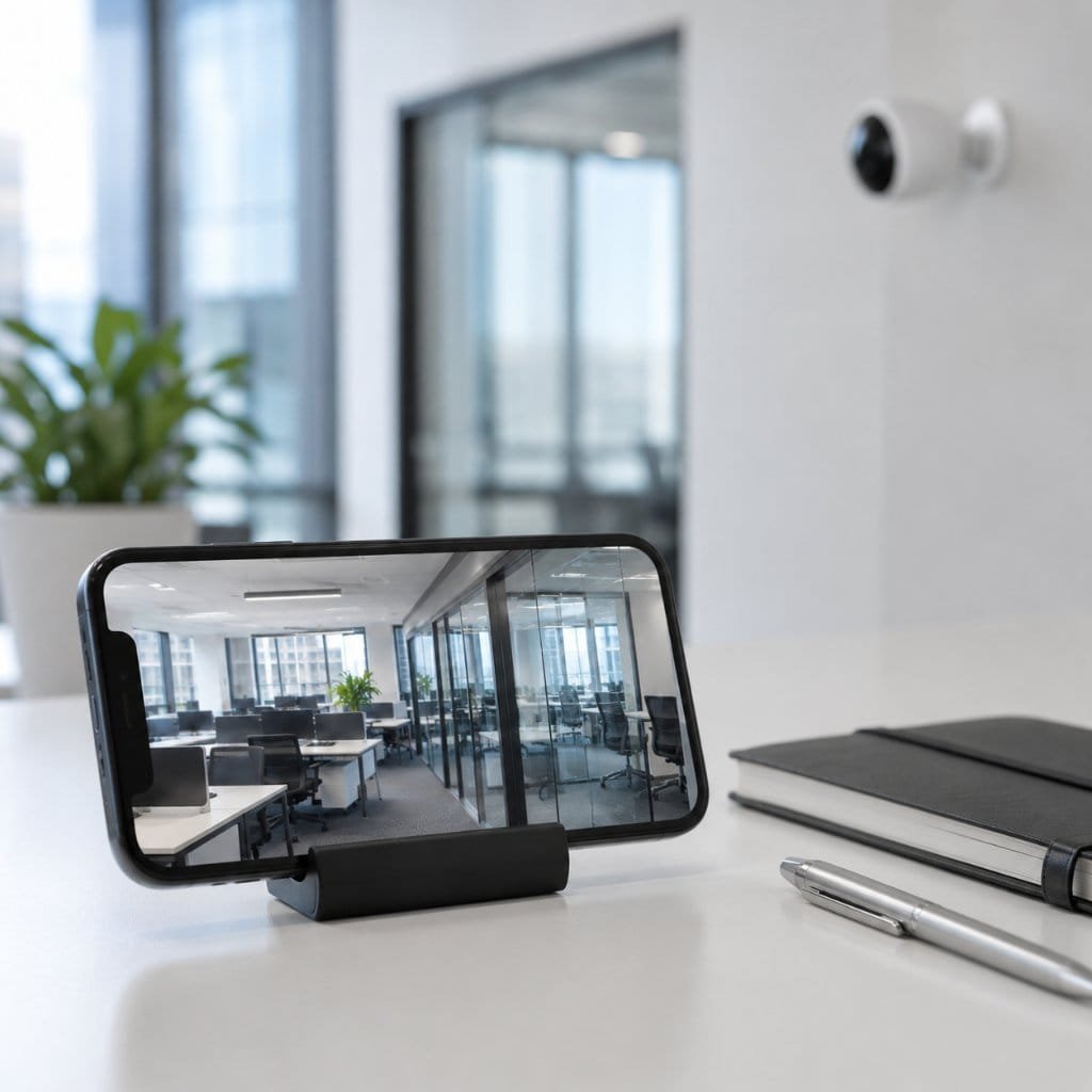 A phone showing the live feed from an indoor security camera in an office