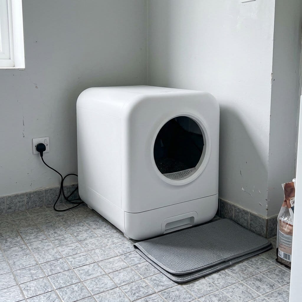A self-cleaning litter box standing in a tiled utility room with its waste drawer and power cable visible