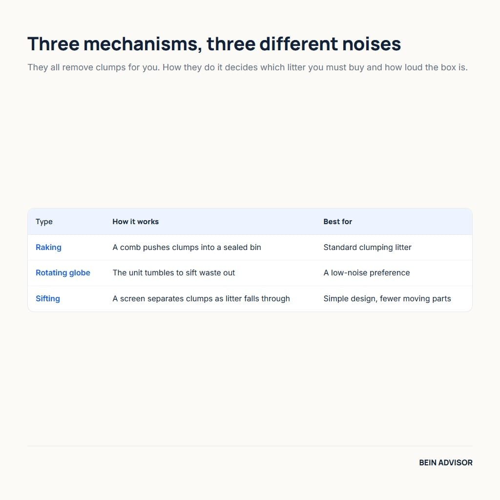 Three self-cleaning litter box mechanisms compared: raking, rotating globe and sifting