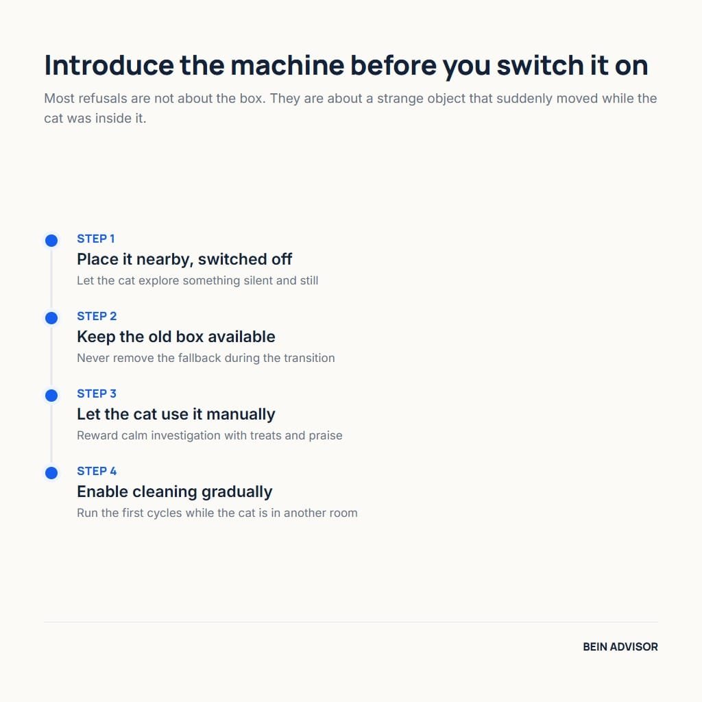 Four steps for introducing a self-cleaning litter box slowly, from switched off to automated cleaning