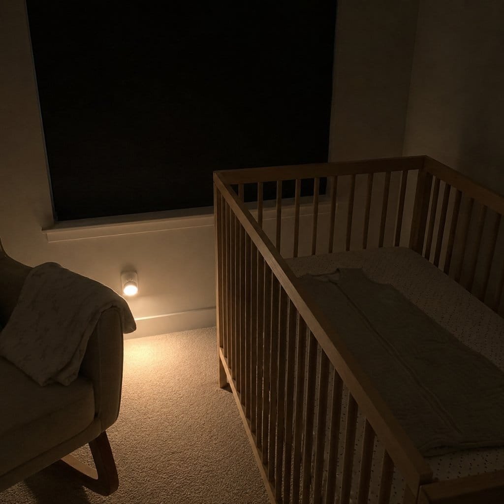 A dim nursery at night with an empty cot and a low night light