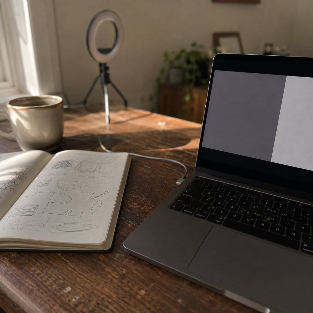 A home desk set up for online sleep consultations with a laptop and notebook