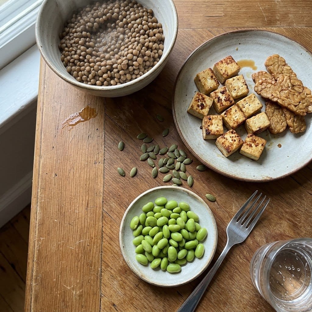 A plate of plant proteins for a vegan transition: lentils, seared tofu, tempeh, edamame and pumpkin seeds