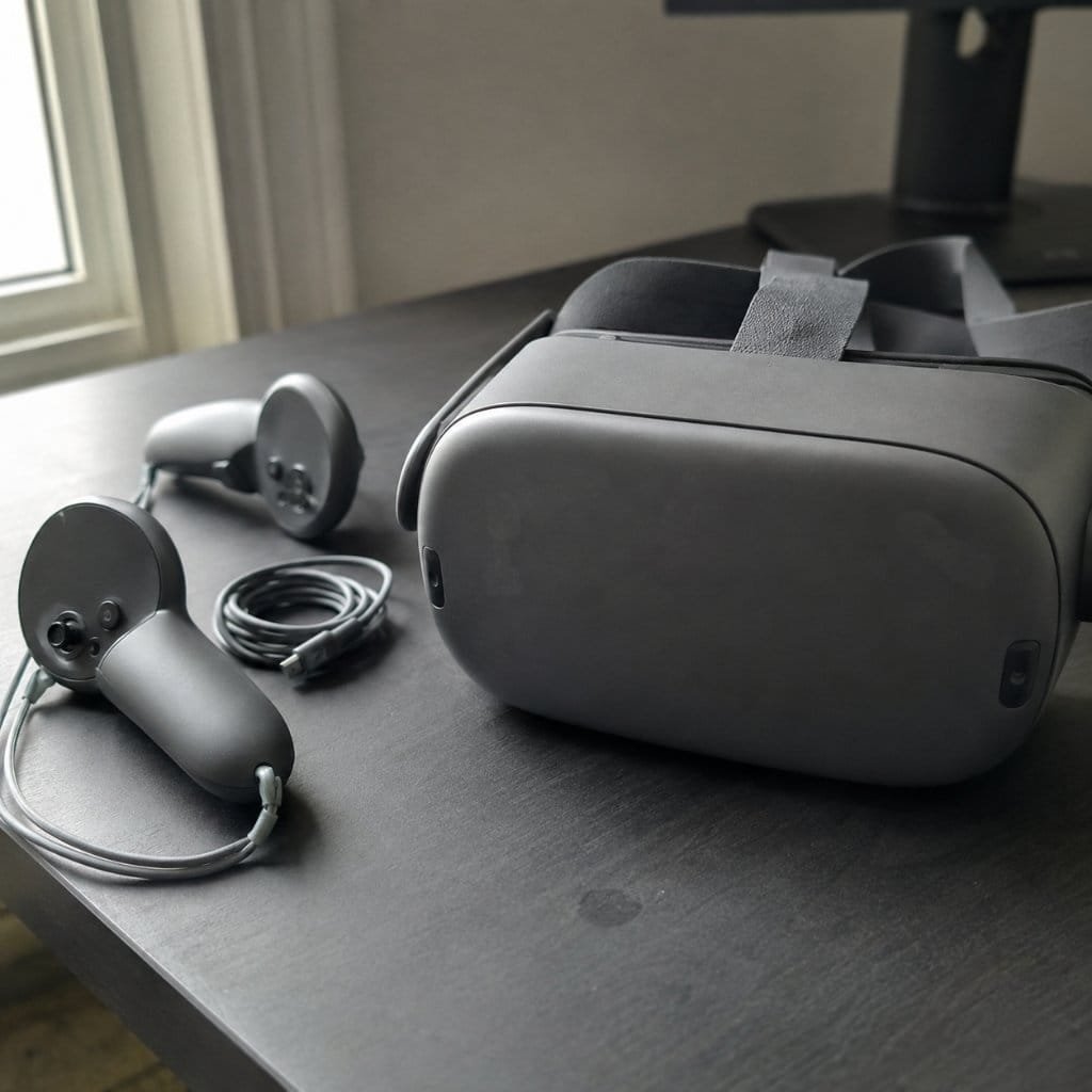 A VR headset resting on a desk beside its two controllers