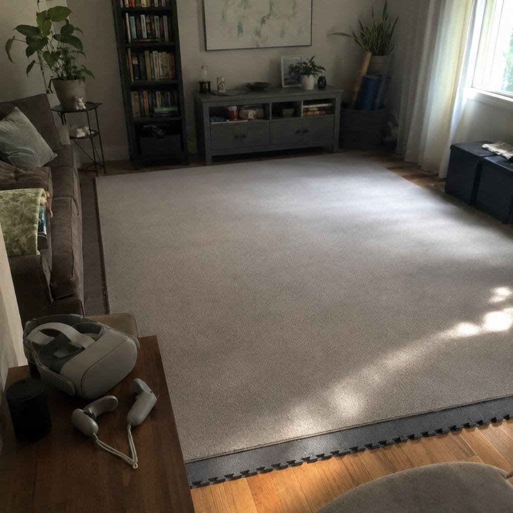 A cleared living room corner set up as a safe VR play space
