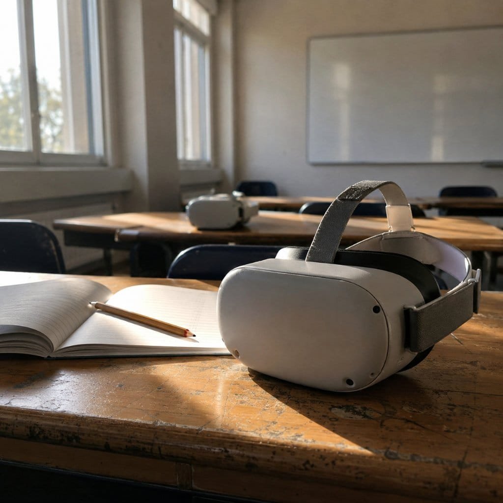 VR headsets on school desks prepared for a classroom lesson