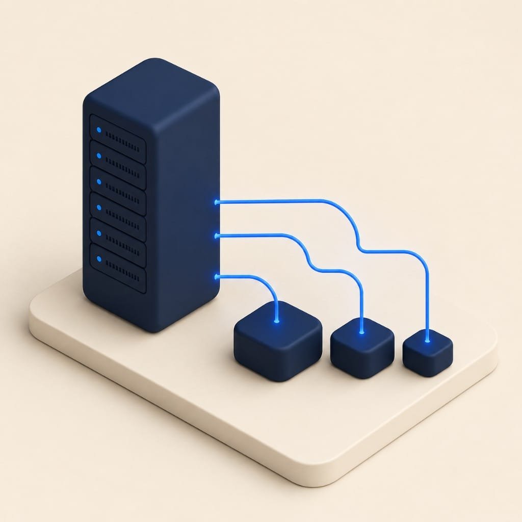 Isometric illustration of a web hosting server serving smaller sites