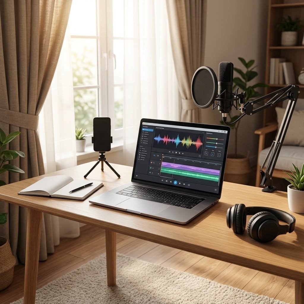 ركن منزلي بسيط لتسجيل كورس أونلاين بميكروفون USB ولابتوب