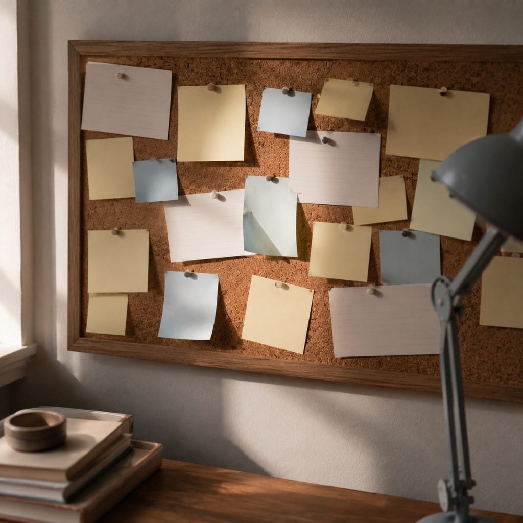 A corkboard of blank sticky notes representing tasks captured before Notion AI structures them