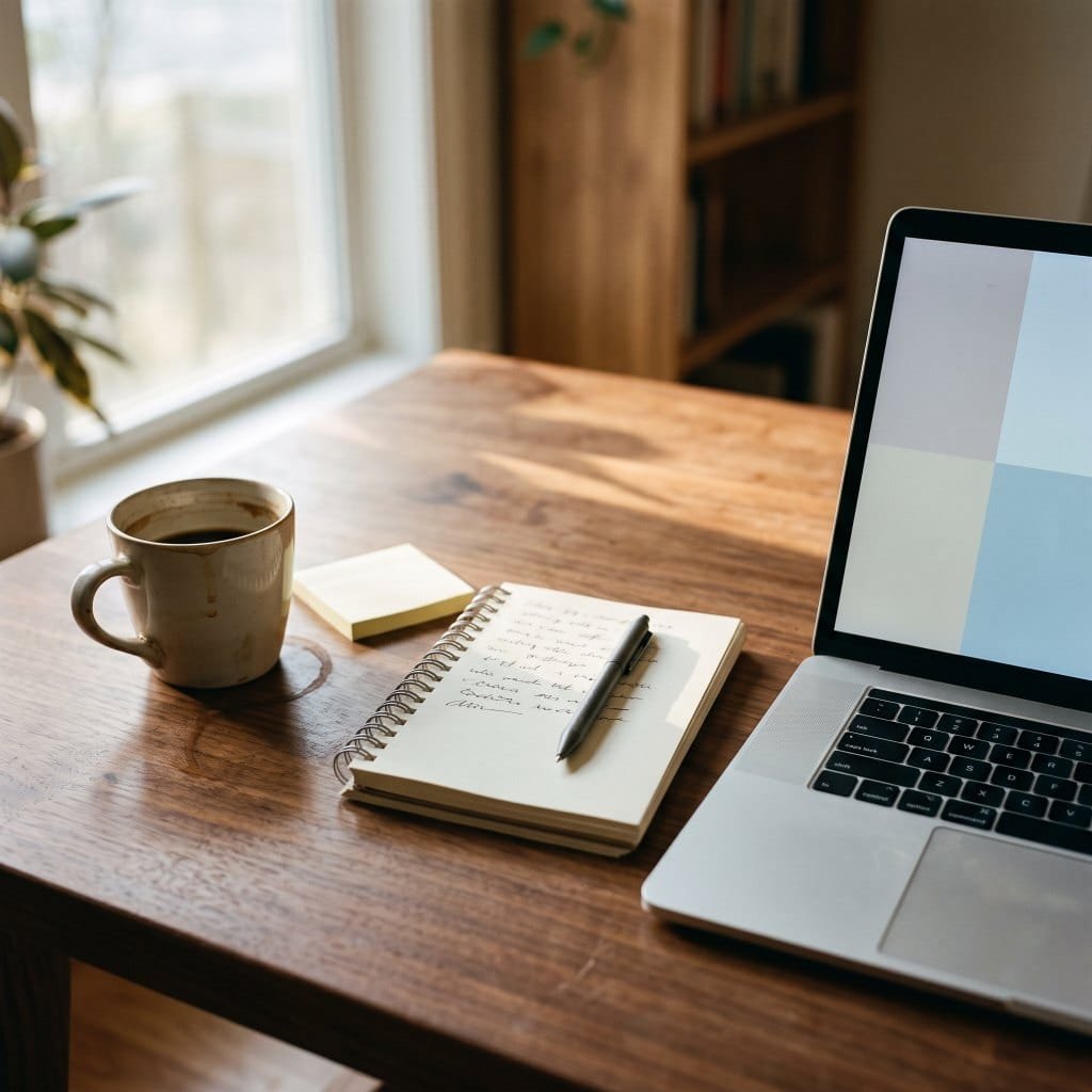 A desk with a laptop, notebook and coffee where Notion AI organizes daily tasks