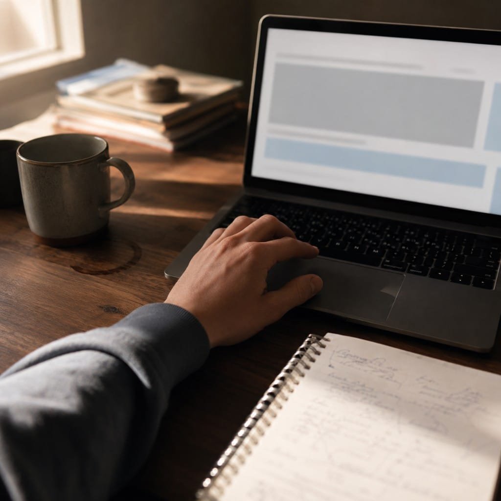 A hand on a laptop trackpad beside a notebook while using Notion AI to organize tasks