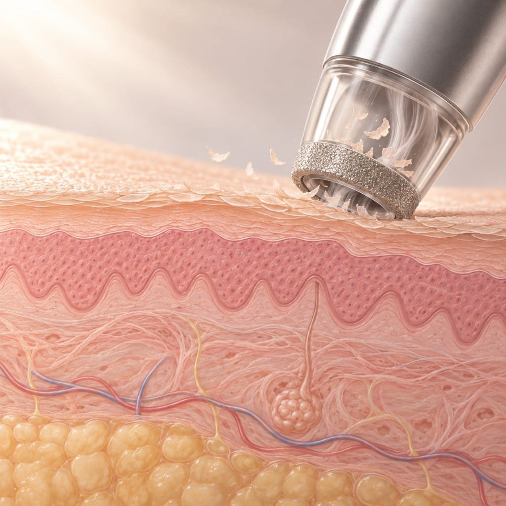 At-home microdermabrasion mechanism: a diamond-tip wand lifts loosened surface cells with gentle suction.