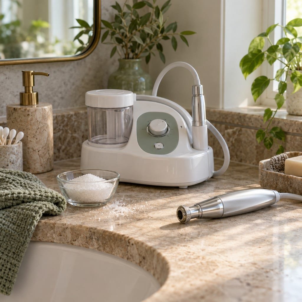 At-home microdermabrasion device options: a crystal system and a diamond-tip handheld wand on a bathroom counter.