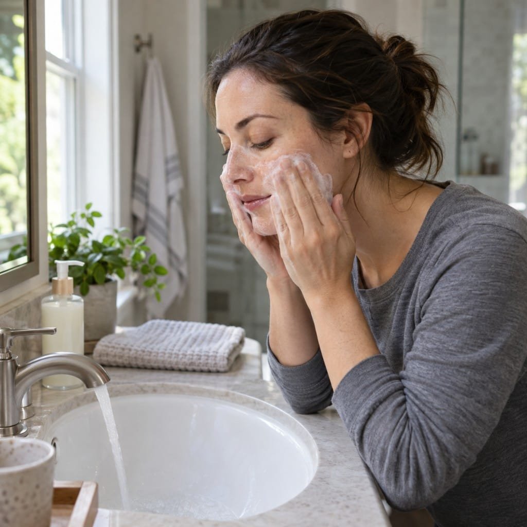 At-home microdermabrasion preparation: cleansing the face before a gentle device treatment.