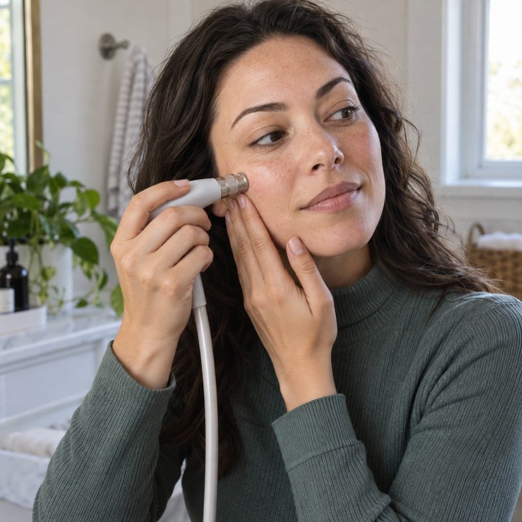 At-home microdermabrasion technique: holding cheek skin taut while gliding the device lightly.