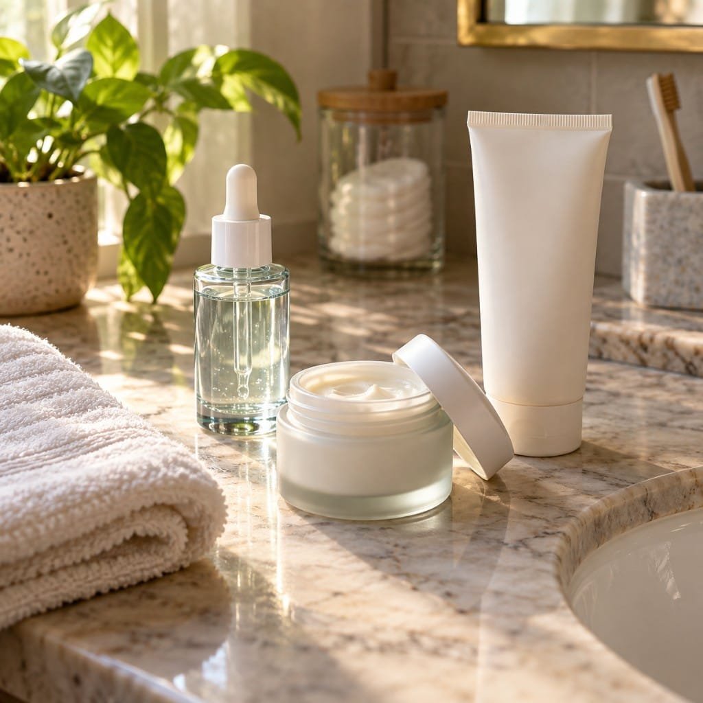 At-home microdermabrasion aftercare: moisturizer, hydrating serum, and sunscreen on a bathroom vanity.