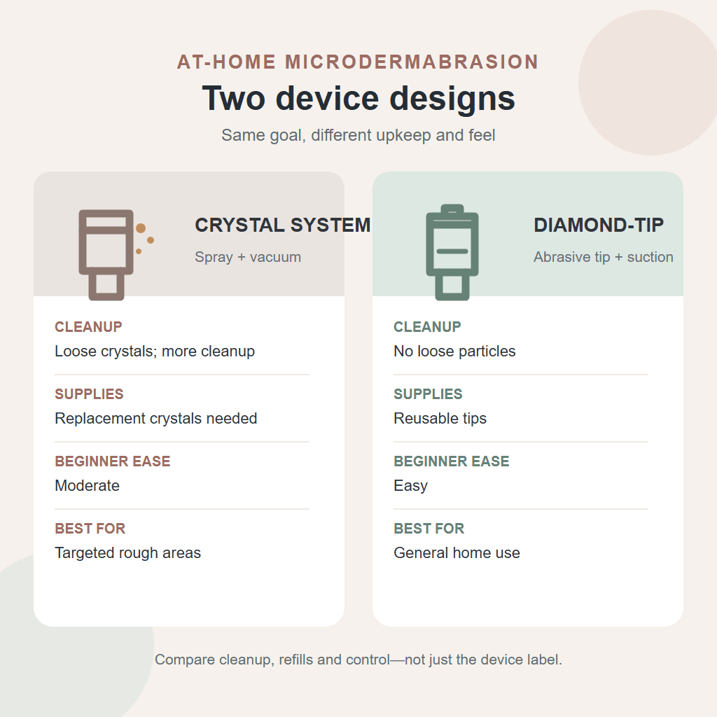 At-home microdermabrasion comparison of crystal and diamond-tip devices, including cleanup, supplies, ease, and best use.
