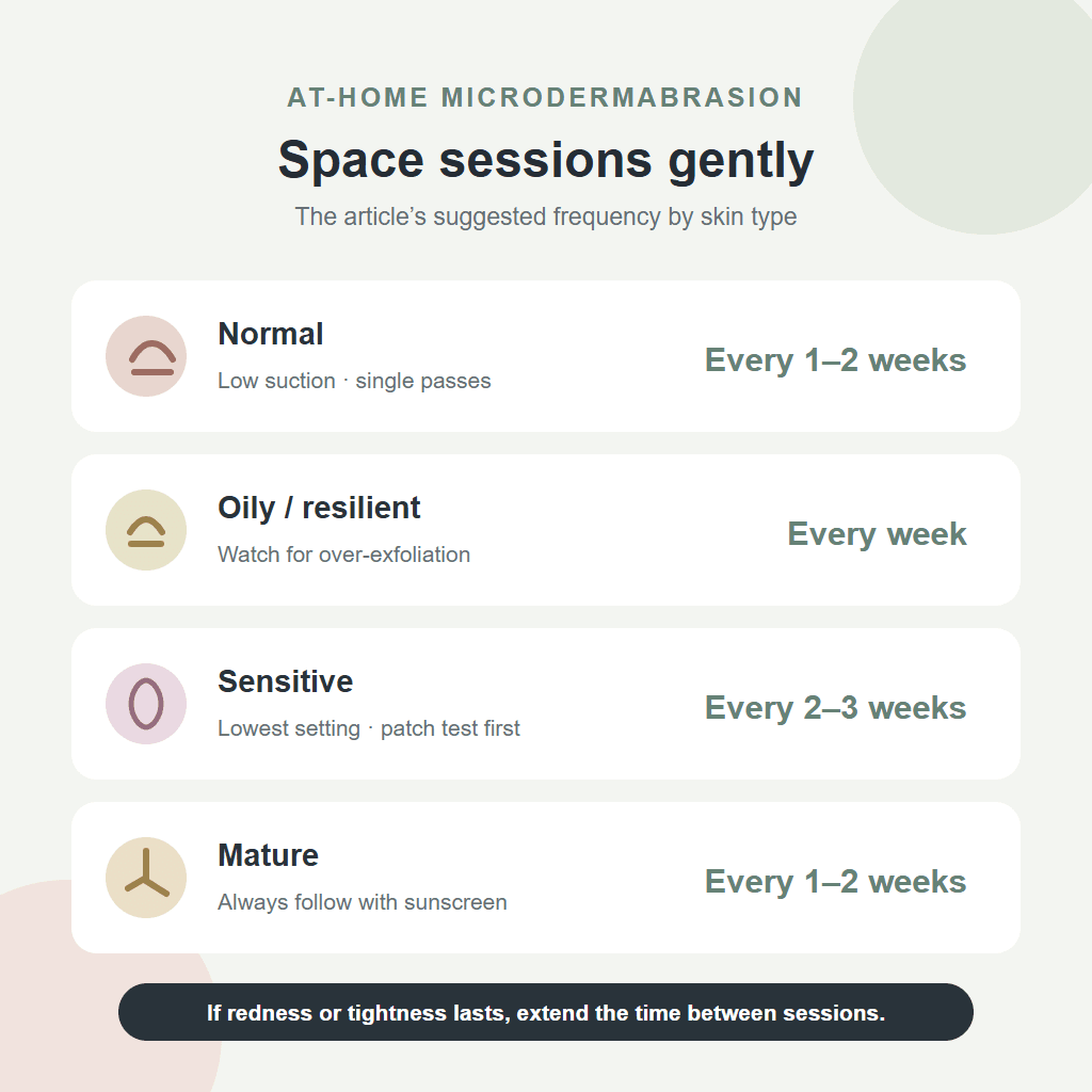 At-home microdermabrasion frequency guide with the article’s suggested spacing for four skin types.