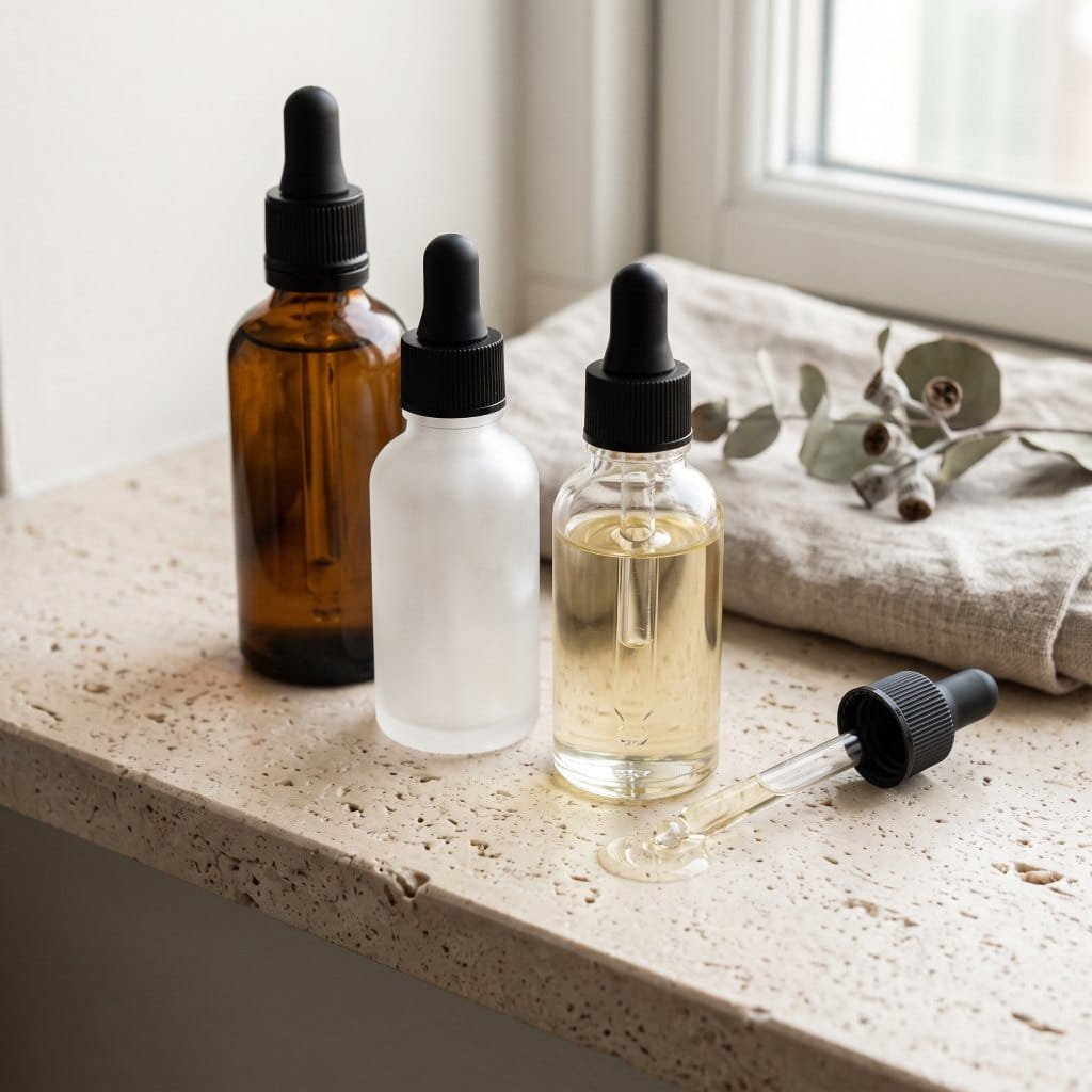 Three unlabelled bakuchiol serum bottles with a dropper on a stone shelf