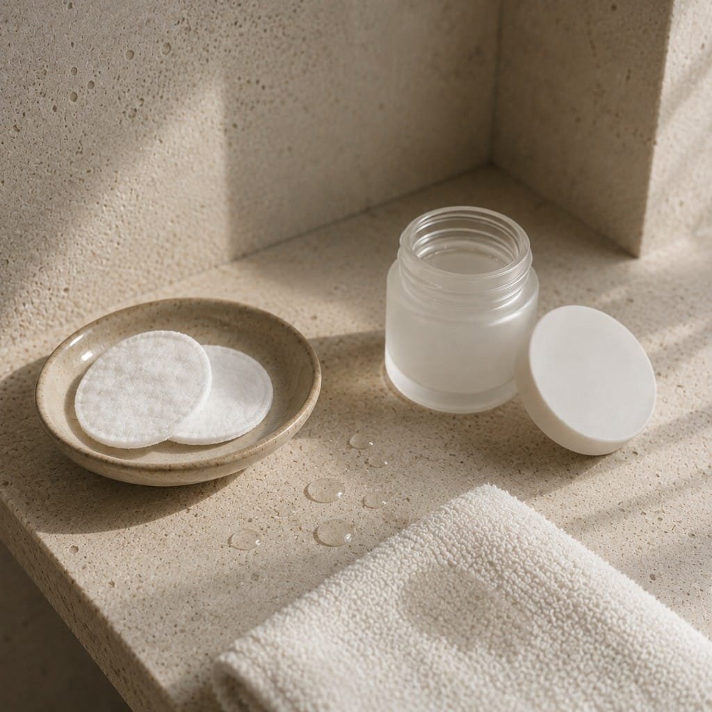 A bathroom shelf with a folded towel, cotton pads and an unlabelled bakuchiol jar