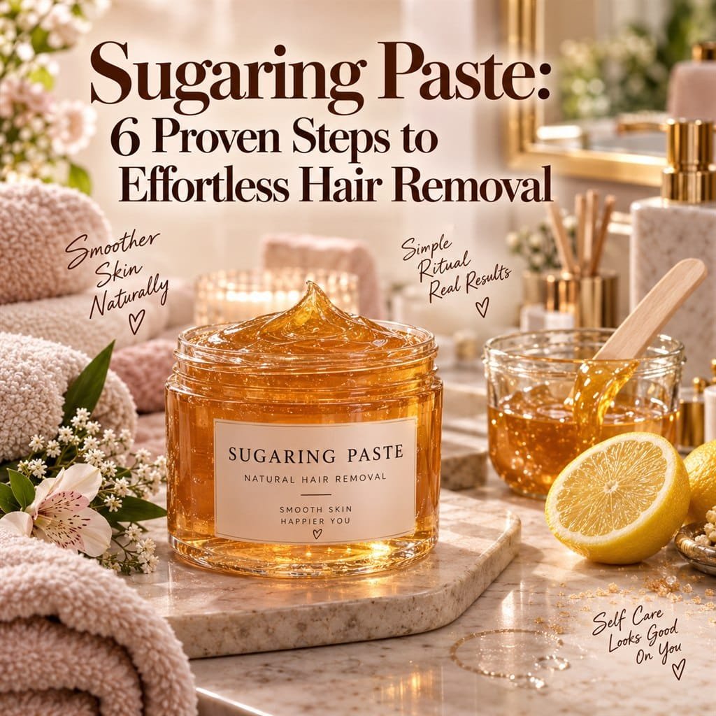 Sugaring paste in an open amber jar with lemon and a wooden spatula.