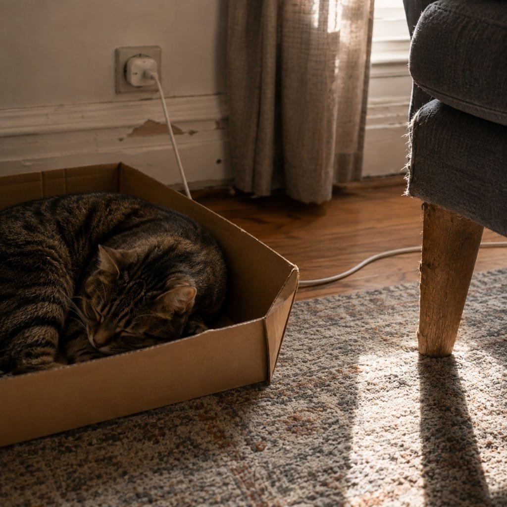 A cat asleep in a cardboard box on a living room rug near a plug socket