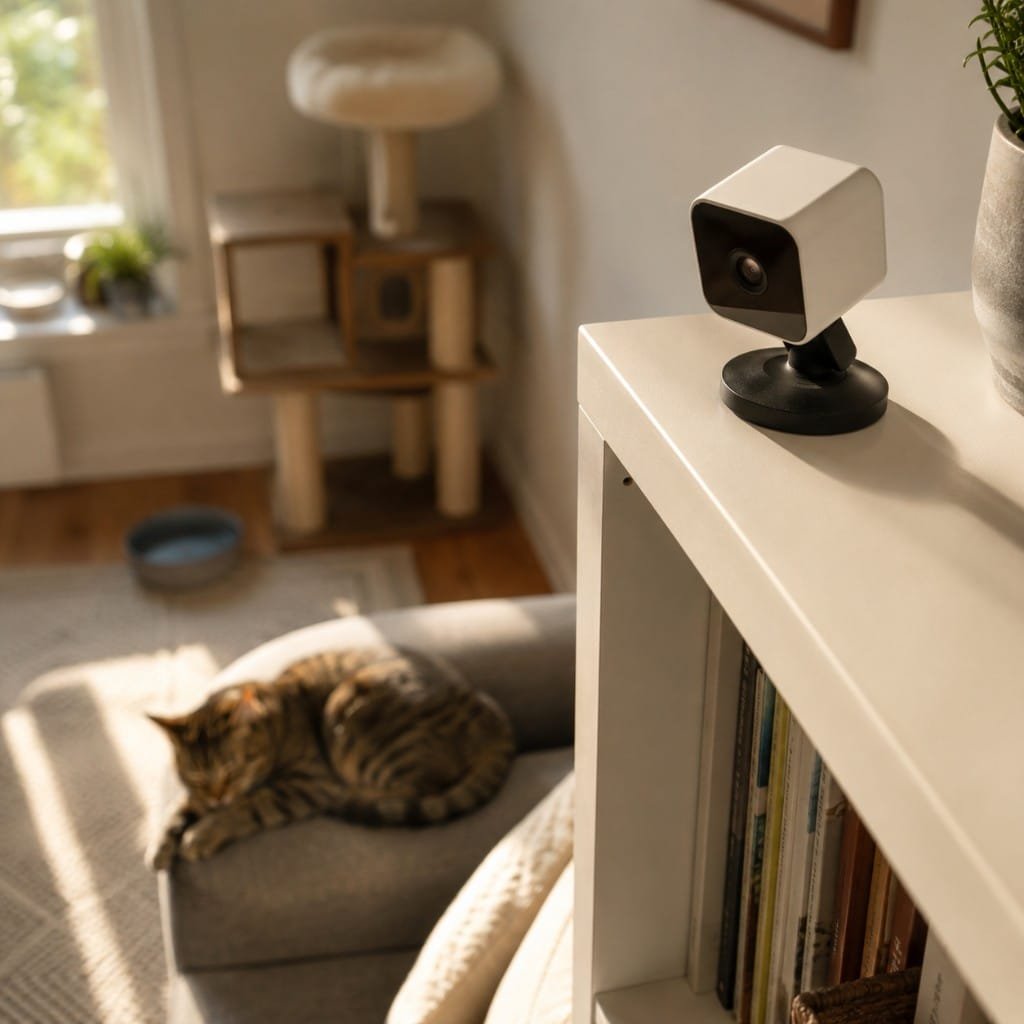 A pet camera on a bookshelf watching a cat asleep on a sofa